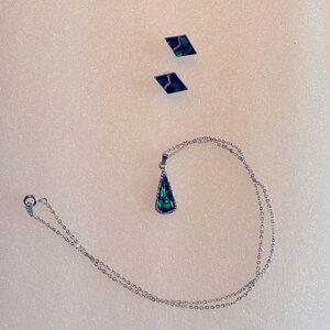 Dainty aqua faux mother of pearl pendant silver tone necklace and earrings. NWOT
